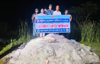 হাইমচরে মেঘনা নদীতে অভিযানে ১০ হাজার মিটার কারেন্ট জাল জব্দ